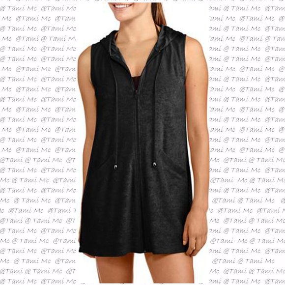 Catalina Swim New Womens Swim Cover Up Robe Black Terry Pockets Hood Zip Large 2 14 Catalina